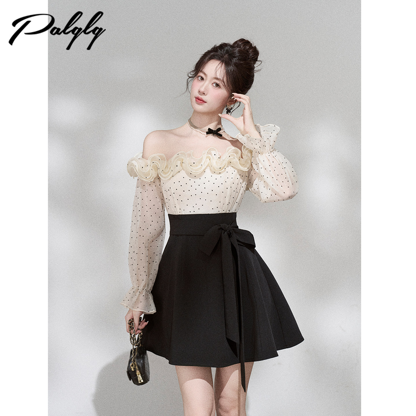 Palglg法式假两件花边一字肩连衣裙女春季高级感小香风收腰长袖裙