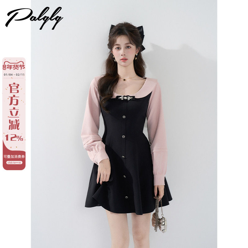 法式初恋miu系甜美黑粉连衣裙女长袖秋季高级感气质掐腰显瘦a字裙,女装/女士精品,连衣裙,淘宝优惠券,粉丝福利购,淘宝优惠卷