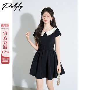 显瘦千金风小黑裙 高级感法式 赫本风翻领掐腰短袖 黑色连衣裙女夏季