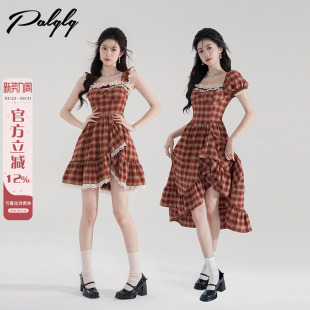 法式 不规则红色公主蕾丝蓬蓬裙子 甜美风方领格纹背带连衣裙女夏季