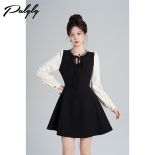 Palglg法式富家千金风黑色连衣裙女冬季假两件高级感收腰a字裙子