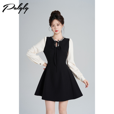 法式富家千金风假两件黑色连衣裙