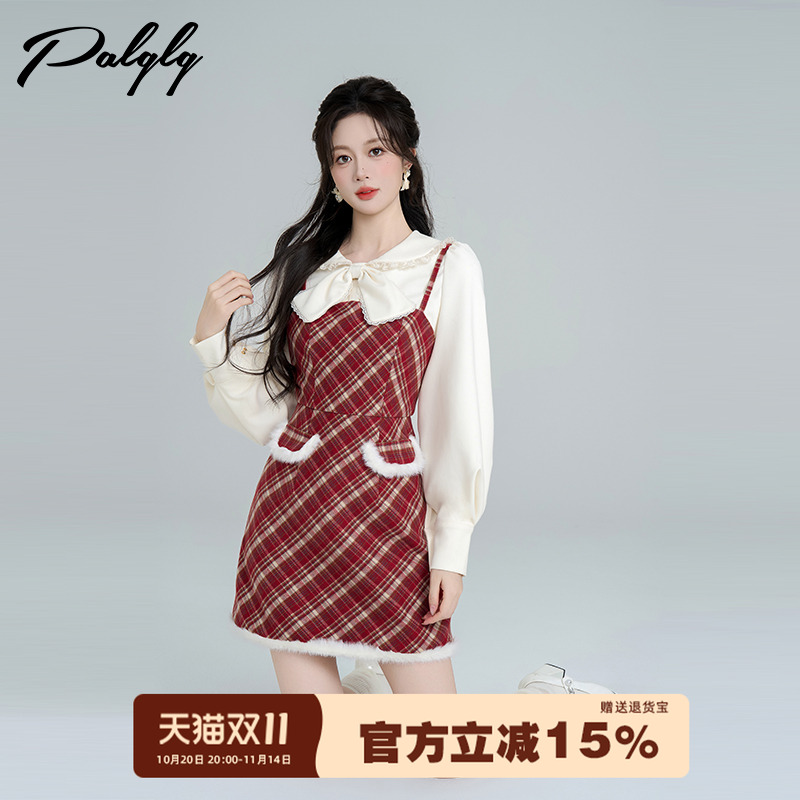 复古红色格纹拼接吊带连衣裙