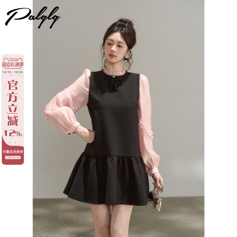 法式假两件木耳边长袖连衣裙女秋