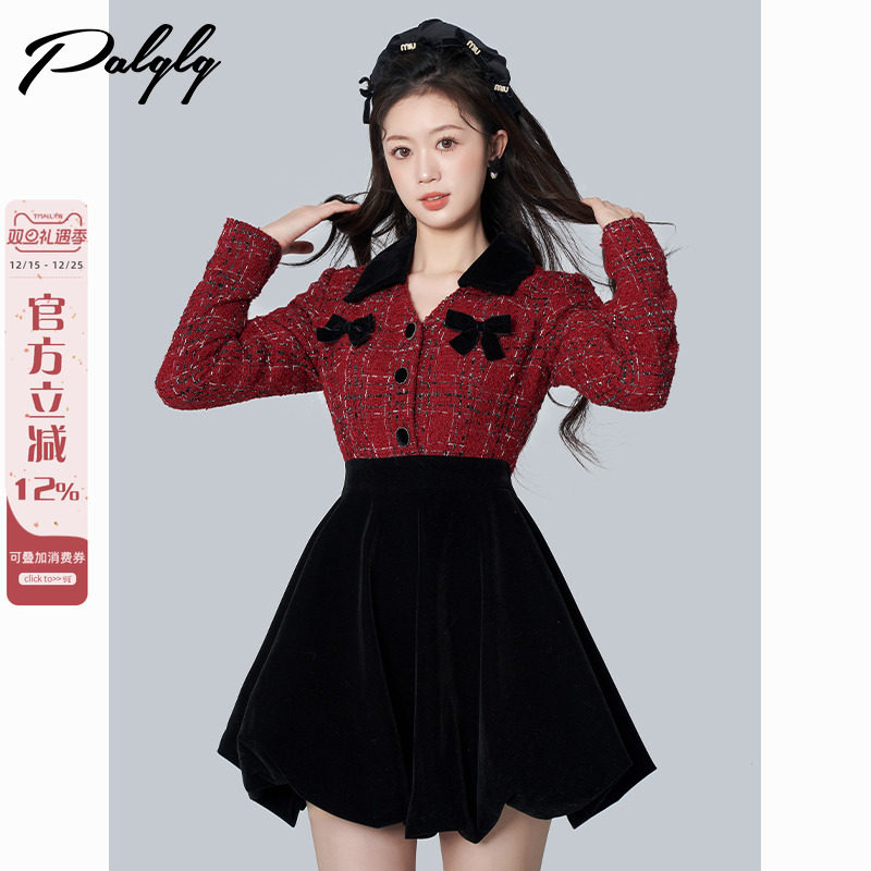 圣诞红色假两件小香风连衣裙女