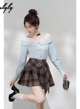 Palglg设计感小众蓝色一字肩蕾丝衬衫女早春季高级感宽松法式上衣