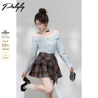 设计感小众蓝色一字肩蕾丝衬衫女