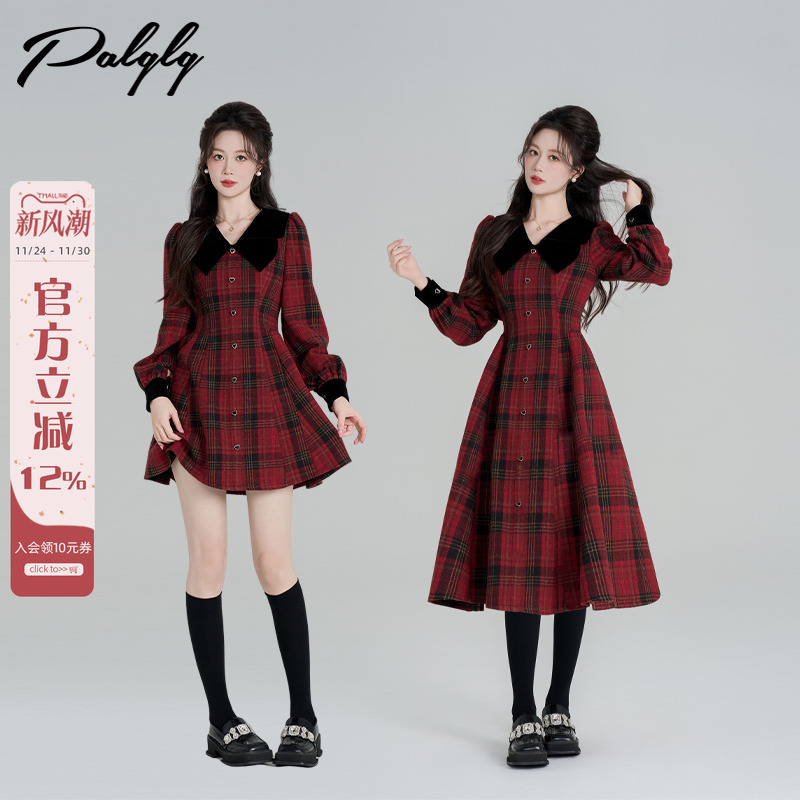 学院风娃娃领红色格子连衣裙女