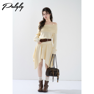 气质不规则半身裙套装 新款 一字肩针织上衣两件套女秋季 高级感法式
