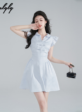 蓝色新中式小飞袖连衣裙女夏季小个子收腰裙子甜美清纯无袖a字裙