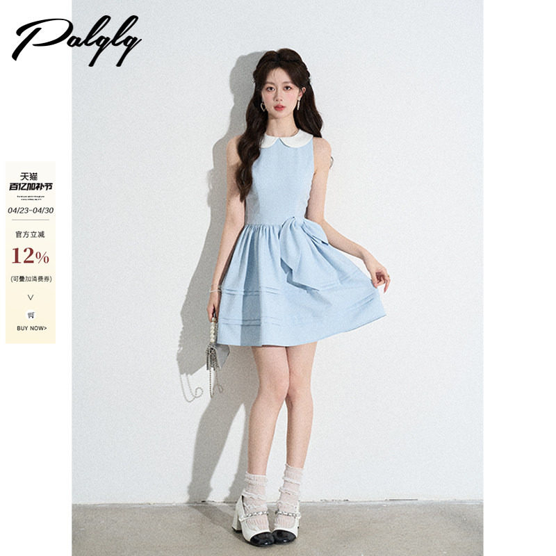 小香风娃娃领蓝色无袖连衣裙女夏季高级感富家千金风蓬蓬公主裙子