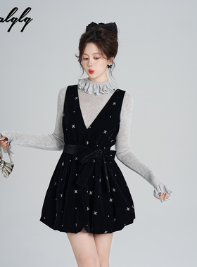 Palglg富家千金风黑色丝绒背心连衣裙女冬季高级感甜美法式花苞裙