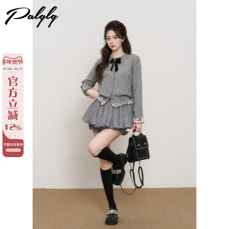 法式miu系灰色开衫毛衣外套女秋冬季高级感拼接网纱短款针织上衣,女装/女士精品,毛衣,淘宝优惠券,粉丝福利购,淘宝优惠卷