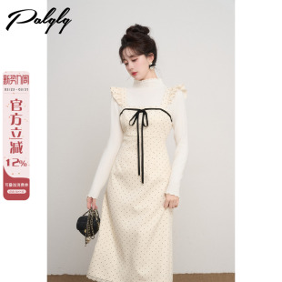 高级感小香风收腰打底长裙子 波点背带连衣裙女秋冬新款 法式 飞飞袖