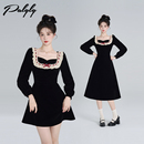 小香风拼接蕾丝黑色丝绒连衣裙女冬装 方领miu系a字裙子 赫本风法式