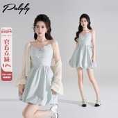 法式 温柔风蓝色吊带连衣裙女早春氛围感收腰蝴蝶结甜美花苞裙短裙