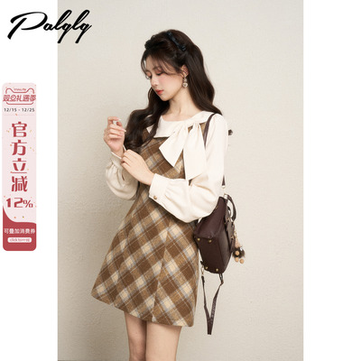 甜美小香风卡其色格子加厚连衣裙