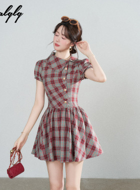 Palglg法式复古泡泡袖红色格子连衣裙女夏季设计感小众漂亮短裙子