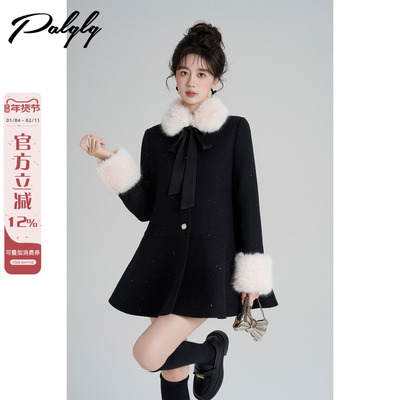 富家千金风法式黑色毛呢外套女冬