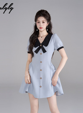 高级感法式蓝色娃娃领连衣裙女夏季掐腰荷叶边小香风甜美减龄裙子