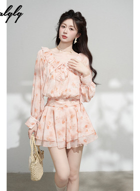 Palglg荷叶边v领碎花雪纺连衣裙女春季高级感气质甜美超仙的裙子