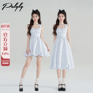 设计感小众蓝色背带连衣裙女夏季 裙子 露背蓬蓬娃娃裙公主花苞短款