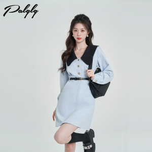 学院风蓝色娃娃领连衣裙女长袖春秋2025新款高级感气质收腰a字裙