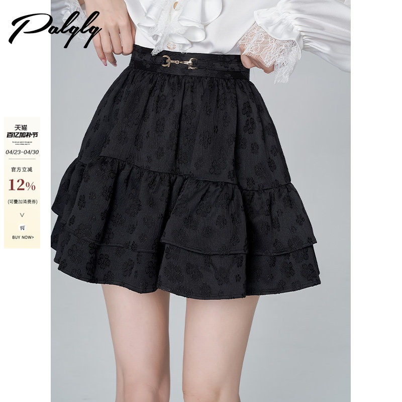 甜美百搭高腰半身裙女秋季新款黑色短裙提花蓬蓬裙子高级感蛋糕裙