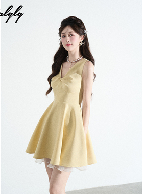 设计感小众v领黄色无袖连衣裙女夏季富家千金拼接网纱蓬蓬a字裙子
