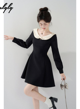 设计感小众黑色圆领拼接连衣裙女秋季赫本风掐腰显瘦打底a字裙子
