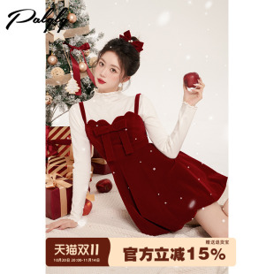 蝴蝶夹法式 高级感a字蓬蓬公主新年裙子 红色丝绒吊带连衣裙女冬季