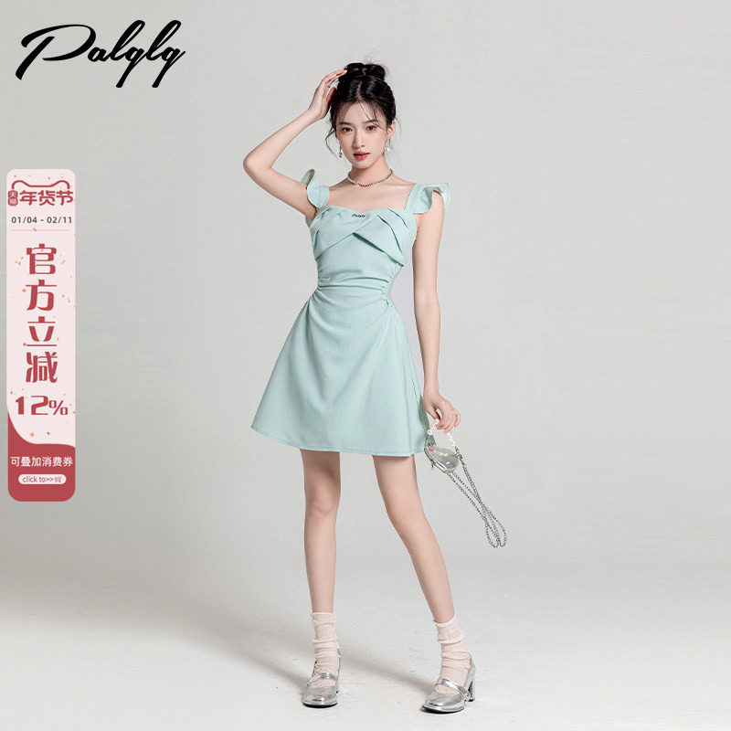 绿色小香风无袖连衣裙女夏季小个子收腰法式富家千金a字吊带短裙