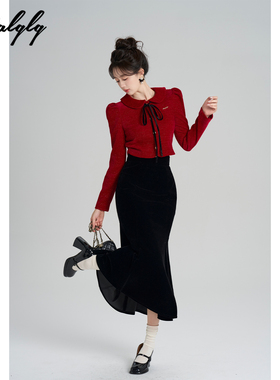 Palglg法式小香风红色上衣半身裙两件套女冬季富家千金风时尚套装