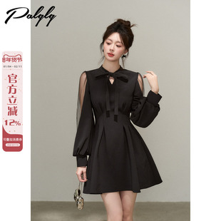 千金大小姐黑色赫本风长袖连衣裙女秋装高级感掐腰显瘦漂亮a字裙