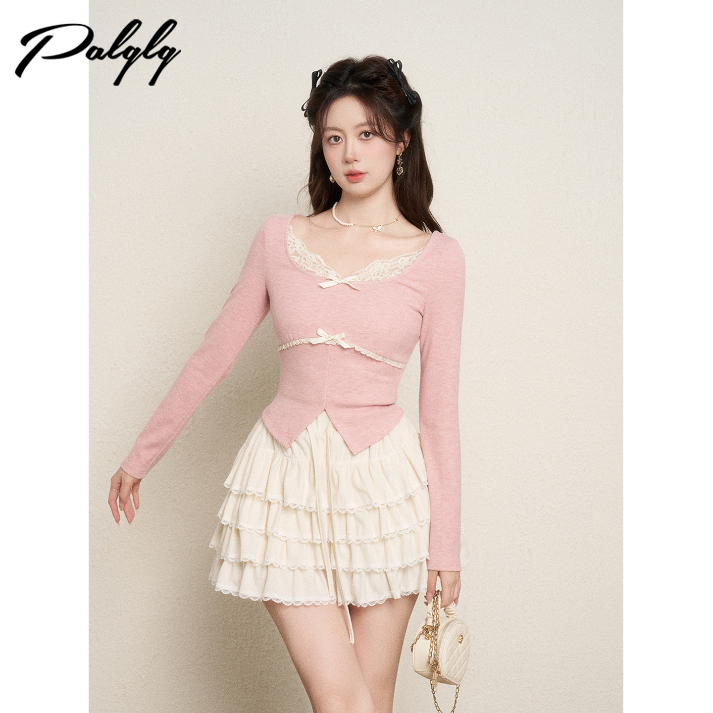 设计感小众纯欲粉色方领针织衫女