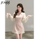 高级感拼接蕾丝显瘦a字裙 新款 小香风粉色甜美v领长袖 连衣裙女春季