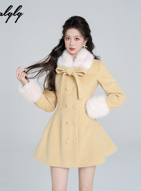 双排扣黄色小香风毛呢外套女