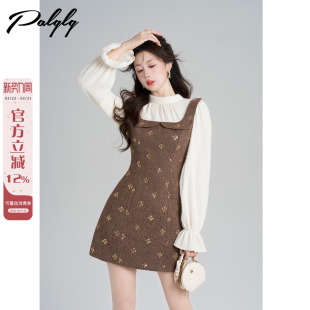 Palglg小香风拼接假两件卡其色亮片连衣裙女冬季法式巨好看的裙子