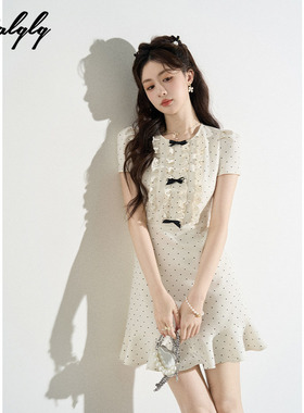 法式木耳边圆领波点连衣裙女夏季小个子甜美初恋miu系小洋裙短裙
