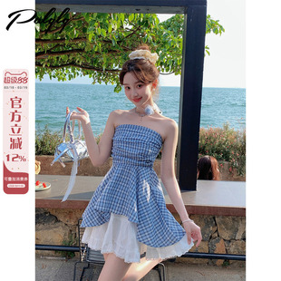 法式甜辣风一字肩抹胸衬衫女夏季高级感荷叶边蓝色格子无袖短上衣