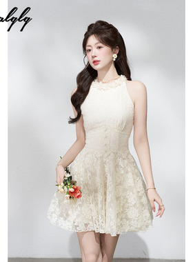 Palglg立体花瓣杏色蕾丝挂脖连衣裙女夏季高级感法式千金风a字裙