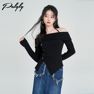 设计感纯欲一字领黑色针织衫上衣女秋季2023新款外穿修身开叉毛衣
