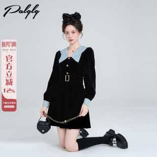 赫本千金风气质生日裙小礼裙 冬季 法式 娃娃领黑色丝绒连衣裙女爆款