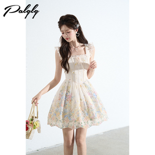 小香风蕾丝镂空飞飞袖提花连衣裙女夏季富家千金掐腰漂亮a字裙子