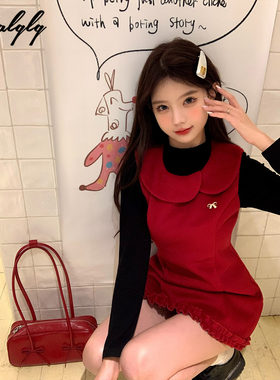 法式甜美红色背心连衣裙女冬季