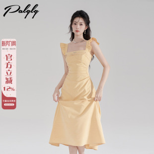 吊带长款 气质高级感褶皱无袖 裙子 方领收腰连衣裙女夏季 黄色飞飞袖
