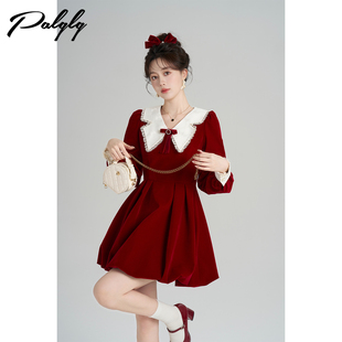 Palglg圣诞娃娃领红色丝绒连衣裙女冬季高级感小香风收腰花苞短裙