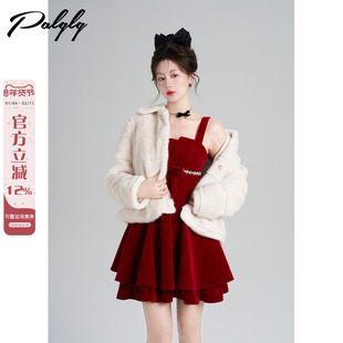 Palglg法式小香风红色丝绒吊带连衣裙女冬季圣诞蓬蓬蛋糕小礼裙子