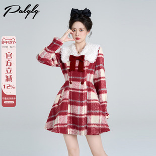 大毛领红色格子加厚毛呢外套女冬季高级感收腰圣诞穿搭小香风大衣