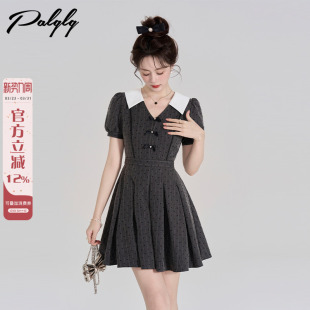 小香风千金感小个子收腰短裙 女装 法式 miu系V领波点灰色连衣裙夏季